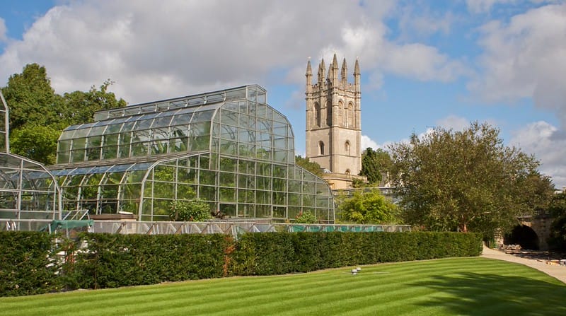 A large greenhouse, with the spire of Magdalen College in the background, and a manicured lawn in the foreground.